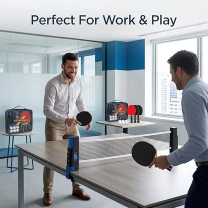 Pro Table Tennis Set, Retractable Net, Balls and Carry Case for Home, Office, Travel, Recreational, Professional Play - 4 Advanced Grade Paddles ITTF Certified Rubber & 6 Tennis Balls | ITTF Certified Rubber on the Paddle