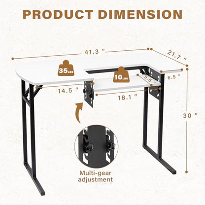 Vividwood Portable Folding Sewing Table, Multipurpose Sewing Machine Table with Adjustable Shelf (Warm White)