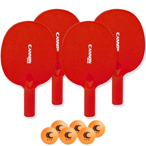 Cannon Sports Unbreakable Table Tennis Paddle Set - 4 Rackets with 6 Pack of 3-Star Table Tennis Balls – Portable Set for 4 Players - color: 4 Red Paddles + 6 Orange Balls