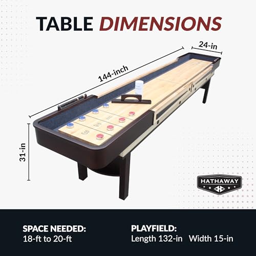 Hathaway Merlot 12 Foot Shuffleboard Table for Family Game Room - with Lacquer Coated Playfield, Built-in Scorer and Cabinet, Climate Adjusters, Leg Levelers, 8 Pucks, Brush, and Wax - Espresso Finish