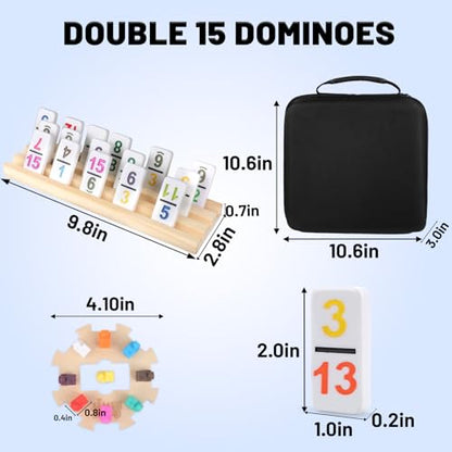 Mexican Train Dominoes Set Double 15 Number Domino Tiles, 136 Colorful Number Dominos Tiles with 8 Wooden Racks, Hub & Trains, Portable Domino Game Set for Adults Kids Families - style: Double 15 Number+8 Racks