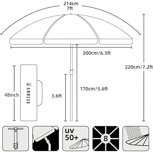 AMMSUN 7ft Heavy Duty High Wind Beach Umbrella with Sand Anchor & Tilt Sun Shelter, UPF50+ Protection Outdoor Sunshade Umbrellas and Parasols Carry Bag for Patio Garden Beach Pool Backyard - color: Spray Pavilion Blue