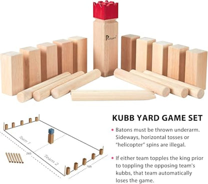 Kubb Yard Game Set Viking Chess Outdoor Hevea Hardwood Toss Game for Adults & Families - with 10 Blocks, 6 Batons, Carrying Bag | Perfect for Backyard Lawn Beach Party BBQ Camping - color: Red