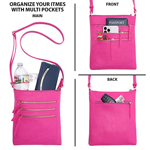 Solene Crossbody Bag Functional Multi Pocket Messenger Purse Top Zip Closure Shoulder Handbag With Adjustable Strap - color: Fuchsia