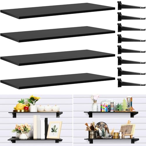 Barydat 4 Sets 23.6 x 11.8 Inch Slatwall Shelves with Metal Brackets Set Heavy Duty Slat Wall Knife Shelf Bracket Accessories Wall Organizer for Garage and Retail Display, Black
