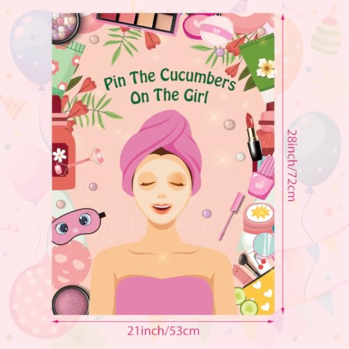 PLULON Spa Party Game for Girls Party, Pin The Cucumber on The Girl Spa Game Poster for Kids Girl Spa Birthday Makeup Sleepover Slumber Party Supplies Women Party Decor - style: Spa