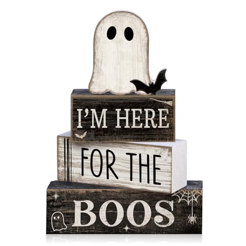 Lineshading 4 Pcs Halloween Table Decoration Wooden Ghost Tiered Tray Decor Rustic Wood Bat Ghost Block Signs Halloween Centerpiece Farmhouse for Home Tabletop Kitchen Shelf and Party Gift - style: Bat Ghost