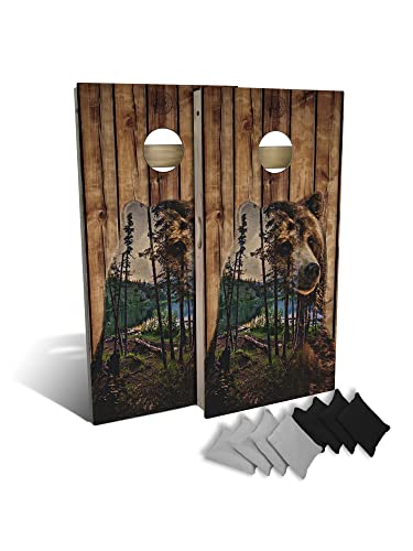 Slick Woody's Professional-Grade Cornhole Boards - 4'x2' Solid Wood Regulation Woodgrain Flag Bean Bag Toss Game with 8 Resin Filled Bags - color: Bear Mountain