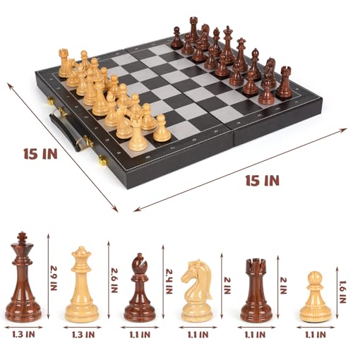 3 in 1 Magnetic Chess Set & Checkers Backgammon Board Game Set, 15" Wooden Folding Chess Board, Tournament Portable Travel Chess Set, Beginner Chess Board Game for Adults & Kids