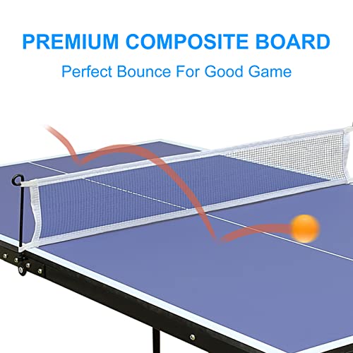 Table Tennis Table, 4.5ft Portable Ping Pong Table Game Set, Mid-Size Foldable Table Tennis Game Set with Net, 2 Table Tennis Paddles and 3 Balls for Adults/Teens, Family Game Tables for Indoor