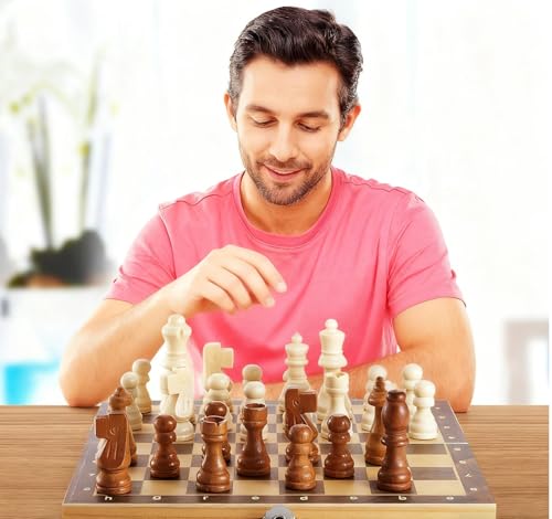 56 Pieces Wooden Checkers Pieces Handcrafted Chess with Drawstring Storage Pouch Classic Wooden Chess Game Set Board Games Accessories in 2 Styles, 2 Colors (Brown, Natural)