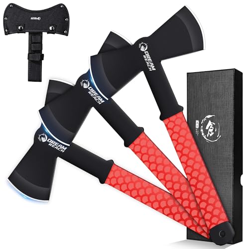 Dream Reach Throwing Axe Set - 3PCS Full Tang Handle Double Sided Throwing Hatchets with TPR Rubber Sleeve and Protective Sheaths for Recreation and Competition - color: Red Double Sided Set of 3