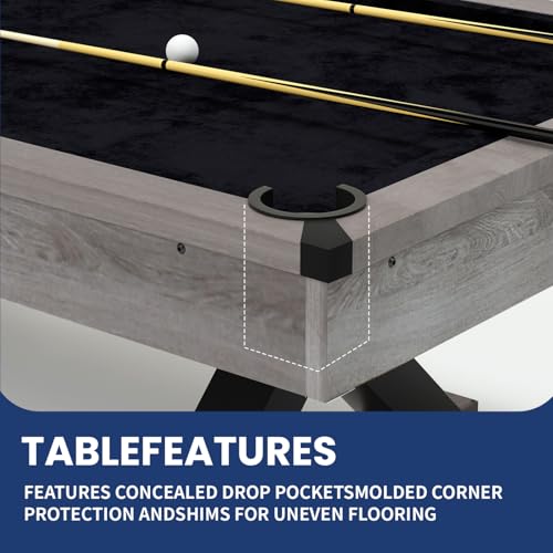 84" Rustic Grey Pool Table with X-Shaped Legs and Black Cloth – Includes Billiard Balls, Cues, and Accessories for Game Room & Home Entertainment (Grey Finish)