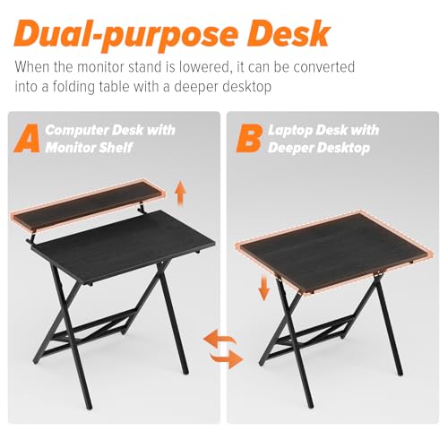 WOHOMO Folding Computer Desk with Adjustable Height, 23.6" x 31.5" x 25.6" Foldable Table with Monitor Stand, Small Office Desk for Bedroom, Space Saving Desk for Home Office, Easy Assemble, Black - color: Black