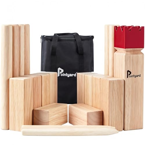 Kubb Yard Game Set Viking Chess Outdoor Hevea Hardwood Toss Game for Adults & Families - with 10 Blocks, 6 Batons, Carrying Bag | Perfect for Backyard Lawn Beach Party BBQ Camping - color: Red