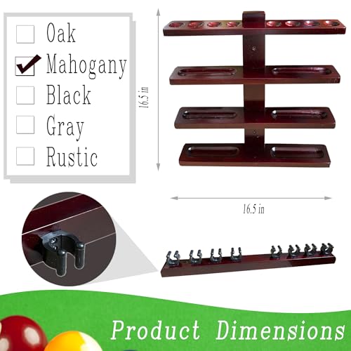 Wall-Mounted Pool Stick Holder, All Handicraft Hardwood Rack for 8-Cue Storage, Billiard Accesories Organizer (MAHOGANY)