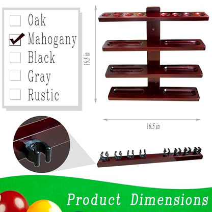 Wall-Mounted Pool Stick Holder, All Handicraft Hardwood Rack for 8-Cue Storage, Billiard Accesories Organizer (MAHOGANY)