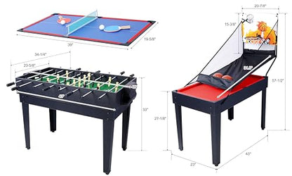 5-in-1 Combo Game Table Set for Home, Game Room, Friends & Family - with Billiards, Push Hockey, Foosball, Ping Pong, and Basketball - Black + Red