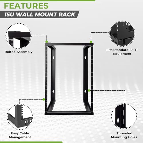 NavePoint 15U Wall Mount Rack - Server Rack for 19 Inch IT Equipment Open Frame Rack – Network Rack for AV & Server Equipment 16” Deep Rack, Black - size: 15U