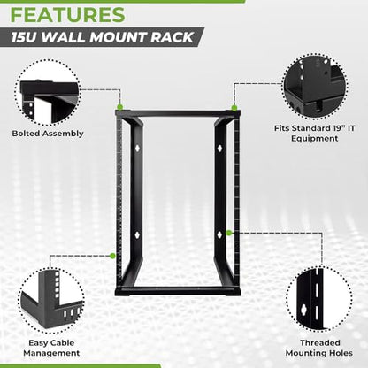 NavePoint 15U Wall Mount Rack - Server Rack for 19 Inch IT Equipment Open Frame Rack – Network Rack for AV & Server Equipment 16” Deep Rack, Black - size: 15U