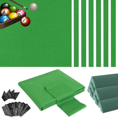 Podoy 8ft Pool Table Replacement Kit, Pool Table Bumpers (Set of 6) with Felt Cloth/Cushion Facings (Set of 12) for Billiard Rail Rubber Bumpers Home & Pro Use Billiard Rail & Pocket Accessories - color: GREEN WITH CLOTH