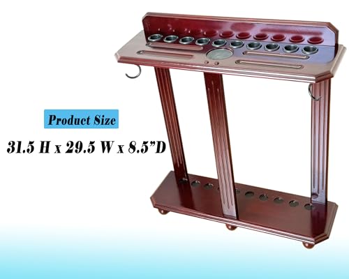 Wooden Billiard Cue Rack Hold up to 10 Pool Cue Sticks, Pool Cue Stick Holder, Floor Stand Pool Cue Holder for Billiard Game Room (Dark Mahogany)