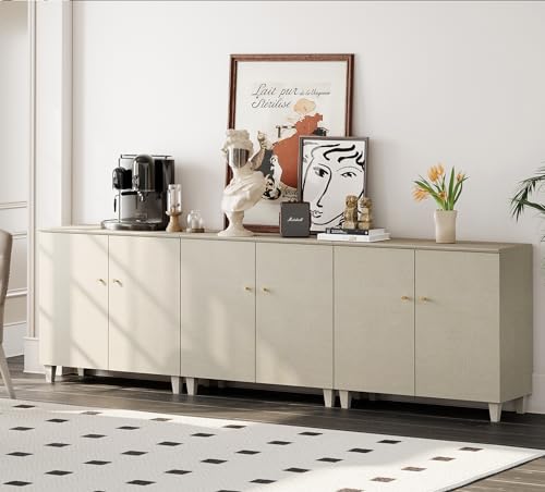 WAMPAT Buffet Cabinet Sideboards, 106" Wood Credenza Console Table with 6 Doors,3-in-1 Wide Kitchen Storage Cabinet with 9 Compartments & Solid Wood Legs for Living Room, Hallway, Beige - color: Beige, size: 106" W