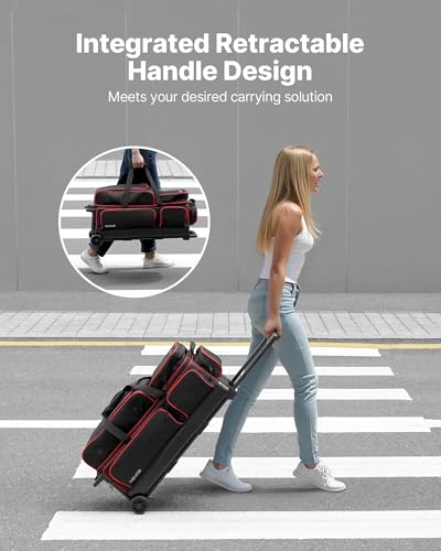 VEVOR Bowling Ball Bag, 3 Ball Double Roller Bowling Bag with Wheels, Featuring a Separate Compartment for Shoes (Up To US Size 16) & Oversized Accessory Pocket, Retractable Handle Extends to 41.34 in - style: Black-red