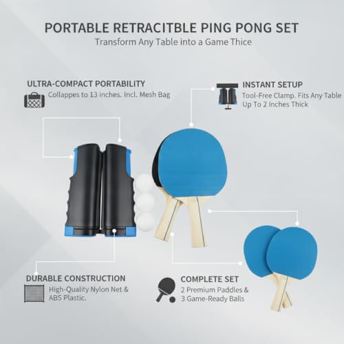 Portable Retractable Ping Pong Net Set with 2 Rackets & 3 Balls, Tool-Free Clamp for Any Flat Table - color: Black