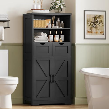 TEENFON Storage Cabinet with Doors & 2 Drawers, Kitchen Cabinet with Adjustable Shelf, Pantry Cabinets, Bathroom Cabinets, for Living Room, Entryway, Home Office, Black - color: Black