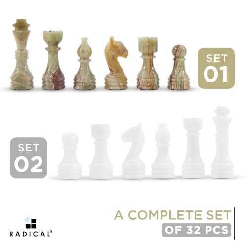 Radicaln Marble Chess Pieces 3.5" Handmade White & Green Chess Figures | Natural Stone, Hand Polished, Premium Finish, 32 playing Pieces, Unique Veining, Timeless Design - color: White and Green