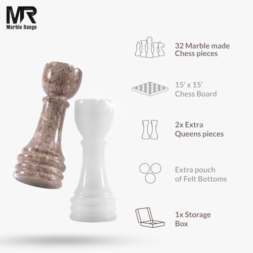 Marble Chess Set 15" Inches White and Oceanic with Storage Box and 2 Extra Queen Handmade Classic Board Games for Adults, Luxury Marble Chess Board & Chess Pieces for Gifts - color: White & Oceanic
