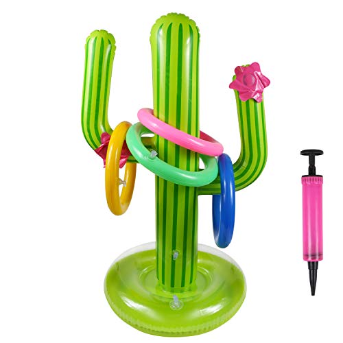 Inflatable Cactus Ring Toss Game Set Target Toss Floating Swimming Ring Toss Includes Cactus,4 Rings for Fiesta Party Accessories Hawaiian Pool Beach Party Decoration Supplies