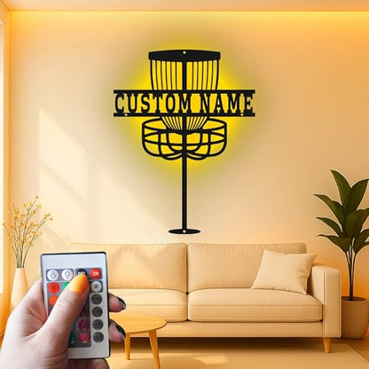 Custom Disc Golf Basket Led Light Metal Wall Art Personalized Gift for Disc Golfers Game Room or Outdoor Decor