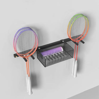 Sports Ball Organizer Holder Shelf 2 in 1 Wall Mounted Ball Holder Racket Rack, Hanging Equipment Organizer for Boys Bedroom/Studio/Garage, Metal Badminton Ping Pong Paddle Storage Display Stand
