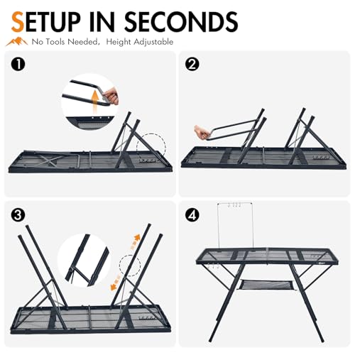 Portal Iron Mesh Folding Grill Table with 2 Adjustable Heights(15" & 29"), Heavy Duty Metal Camp Table, Heat-Resistant Tabletop for BBQ & Outdoor Cooking, One-Piece Folding Design, Dark Gray
