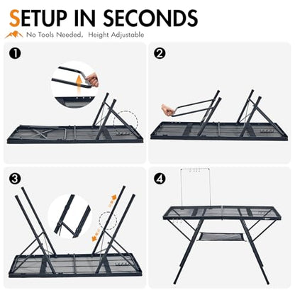 Portal Iron Mesh Folding Grill Table with 2 Adjustable Heights(15" & 29"), Heavy Duty Metal Camp Table, Heat-Resistant Tabletop for BBQ & Outdoor Cooking, One-Piece Folding Design, Dark Gray