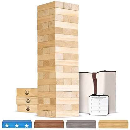 GoSports Giant Wooden Stacking Game - Stacks Up to 5 ft - Choose Brown Wood Stain, Gray, Natural, Stars & Stripes, or Tropical Hardwood - Toppling Tower - color: Natural Wood