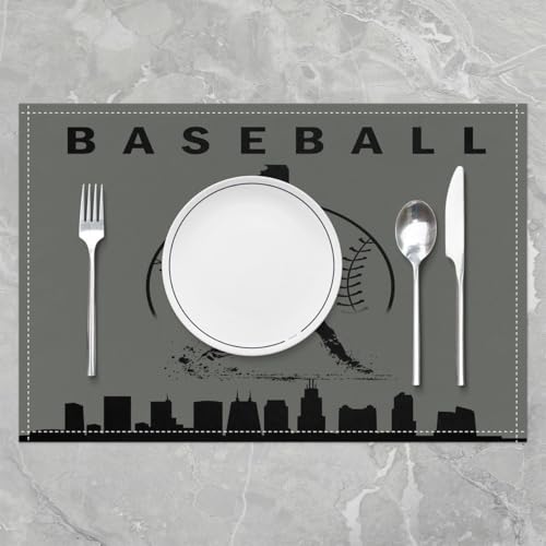 Erosebridal Baseball Placemats Set of 4 Sports Games Place Mat Softball Placement Mats Athlete City Silhouette Table Mats for Dining Table Setting, Grey Black - color: Grey Black