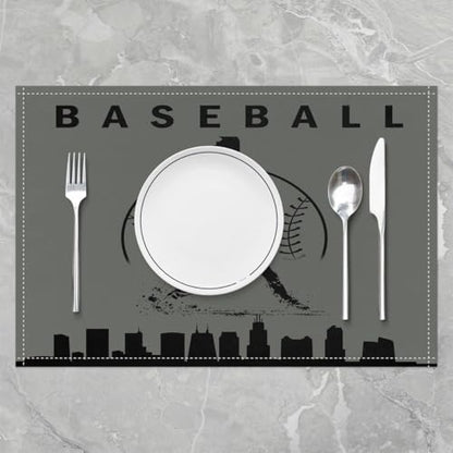 Erosebridal Baseball Placemats Set of 4 Sports Games Place Mat Softball Placement Mats Athlete City Silhouette Table Mats for Dining Table Setting, Grey Black - color: Grey Black