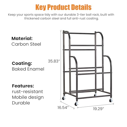 Basketball Rack with Wheels - Space-Saving Vertical Ball Storage for Basketball, Football, Soccer, Rolling Ball Rack for Garage & Outdoor, Heavy-Duty Ball Holder Organizer
