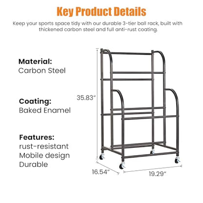 Basketball Rack with Wheels - Space-Saving Vertical Ball Storage for Basketball, Football, Soccer, Rolling Ball Rack for Garage & Outdoor, Heavy-Duty Ball Holder Organizer