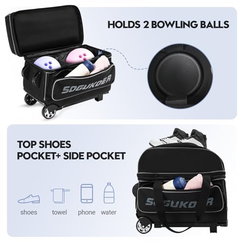 2 Bowling ball Bag with Wheels, Lightweight Trolley Double Ball Bowling bag with Large Separate Shoe Compartment and Oversized Accessory Pocket, Retractable Handle Extends To 39.5" - color: Black & Grey