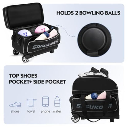 2 Bowling ball Bag with Wheels, Lightweight Trolley Double Ball Bowling bag with Large Separate Shoe Compartment and Oversized Accessory Pocket, Retractable Handle Extends To 39.5" - color: Black & Grey