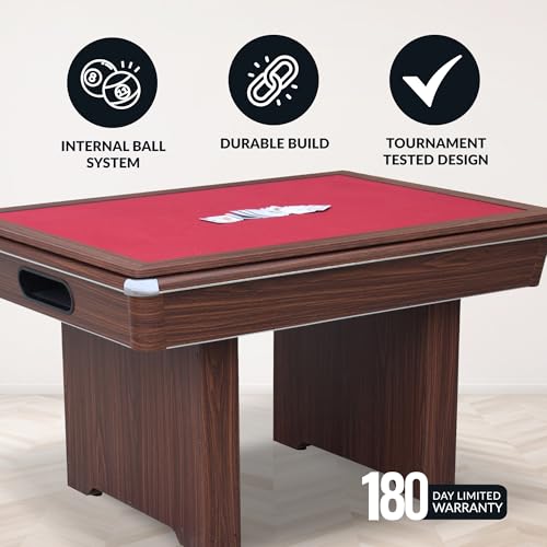 Hathaway Renegade II 54-in Bumper Pool Table for Game Room – 3 in 1 Game Table with Reversible Top & Ball Return System – Includes Cues, Balls, Chalk, Brush & Cards – Red Felt with Walnut Finish