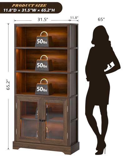 TVU 5-Tier Bookshelf, 65" Bookshelf with Multi-Color Ambient Lights (APP Remote Control), Tall Display Shelf with Cabinet Doors, Suitable for Living Room, Bedroom, Study, Office, Rustic Brown - color: Rustic Brown