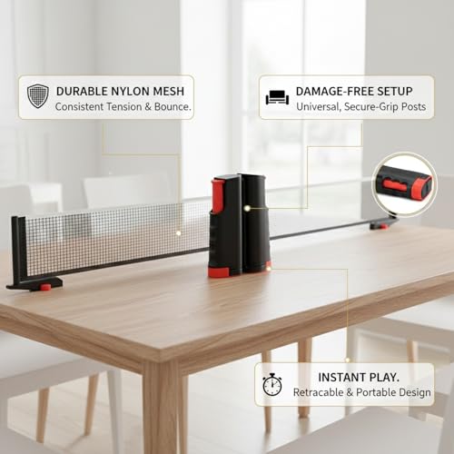Retractable Table Tennis Net Set, Portable Nylon Ping Pong Net for Flat Surfaces, Damage-Free Setup - color: Black
