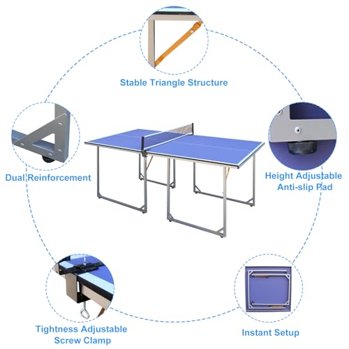 Compact Ping Pong Table, 6ft Mid-Size Indoor/Outdoor Table Tennis Game Set, Foldable, Portable Table Tennis Table with Net, 2 Table Tennis Paddles and 3 Balls