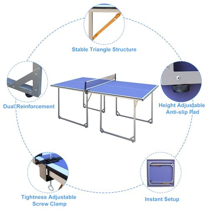 Compact Ping Pong Table, 6ft Mid-Size Indoor/Outdoor Table Tennis Game Set, Foldable, Portable Table Tennis Table with Net, 2 Table Tennis Paddles and 3 Balls