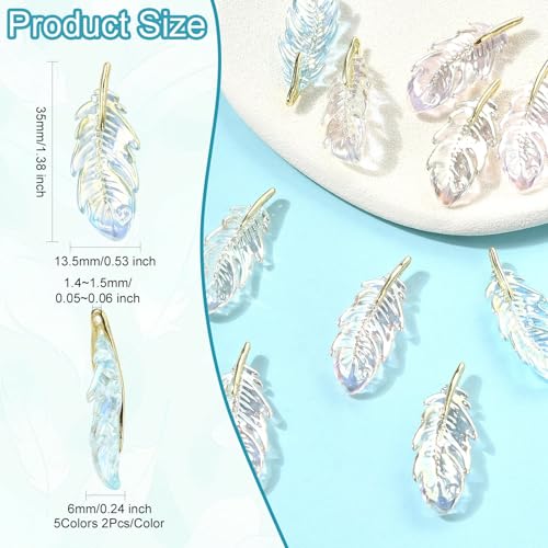 Stiesy 10 Pcs Feather Charms Pendants UV Plating Transparent Acrylic Wings Feathers Charm Bulk for Jewelry Bracelet Making DIY Crafts Necklace - color: Feather-10pcs-5 colors